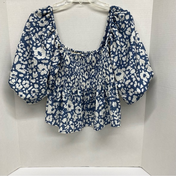By Together Size S Blue & Cream Top Square Neck Gathered Bust Billowing Sleeves - Picture 12 of 12